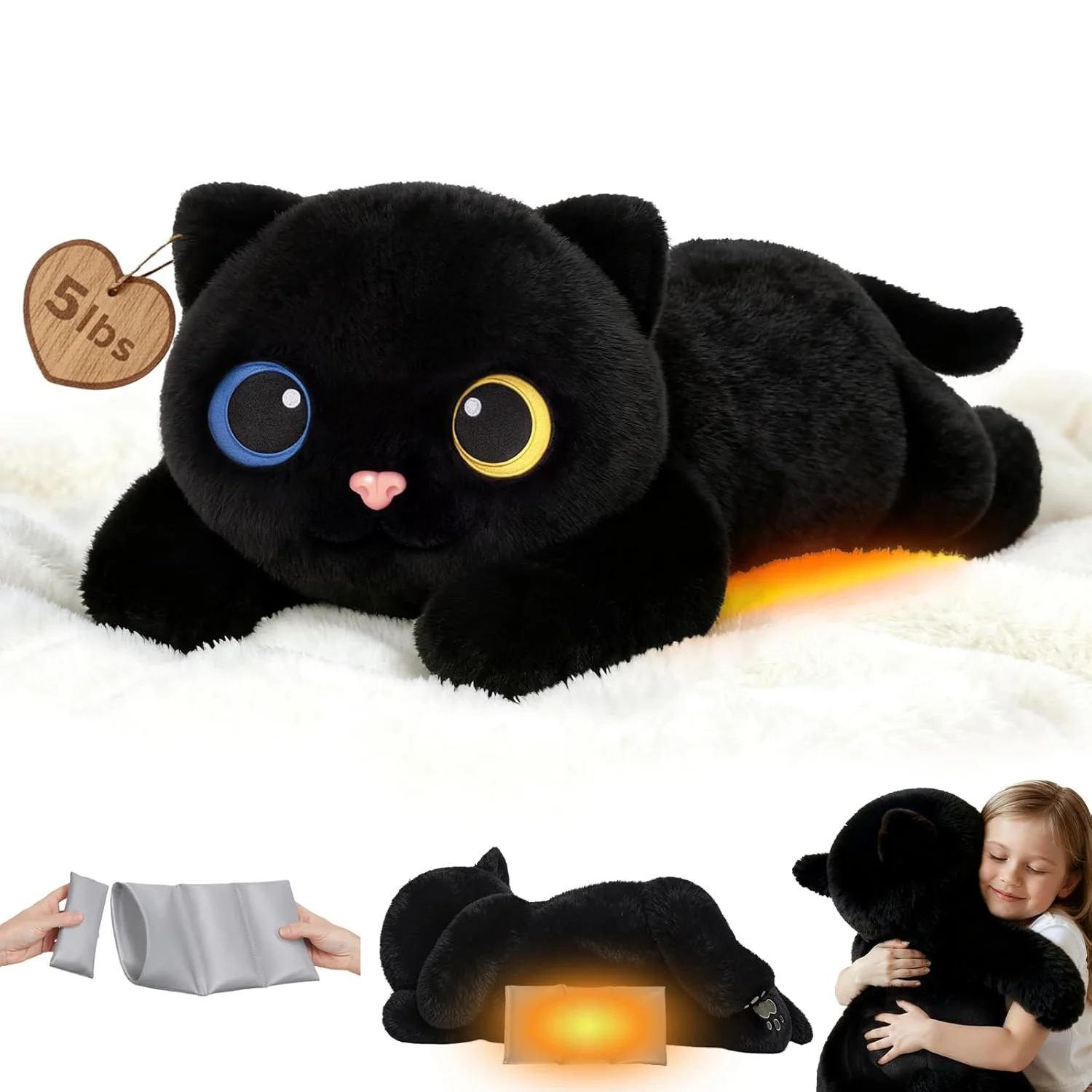 Mewaii®5lb Weighted Stuffed Animals with Microwavable Heating Pad -  Adjustable, Heatable & Coolable Plush for Realistic Hug（Black Cat，23 INCH）