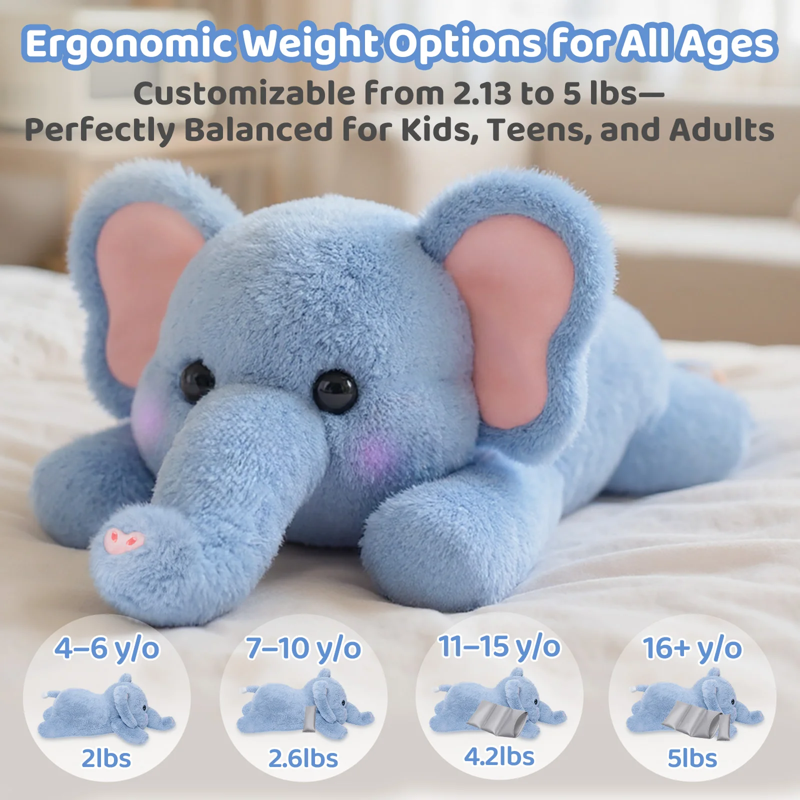 MeWaii® 5lbs Elephant Weighted Stuffed Animal  – Microwavable Plush Heating Pad for Removable Inner Pad, Relaxing Gift