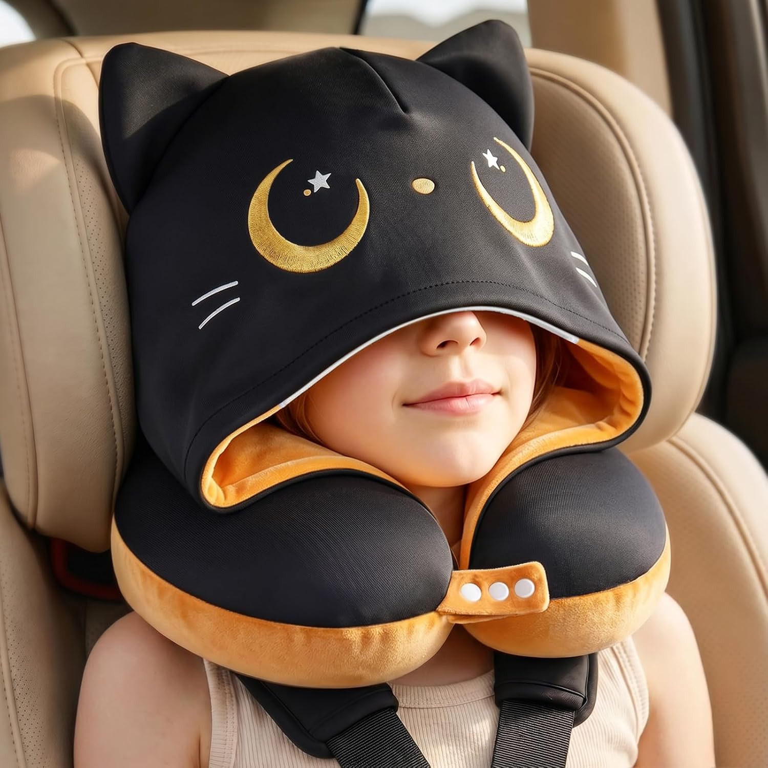 MeWaii® Orange Cat Hooded Memory Foam Travel Pillow Cooling Double-Sided Neck Support for Flights & Everyday Comfort