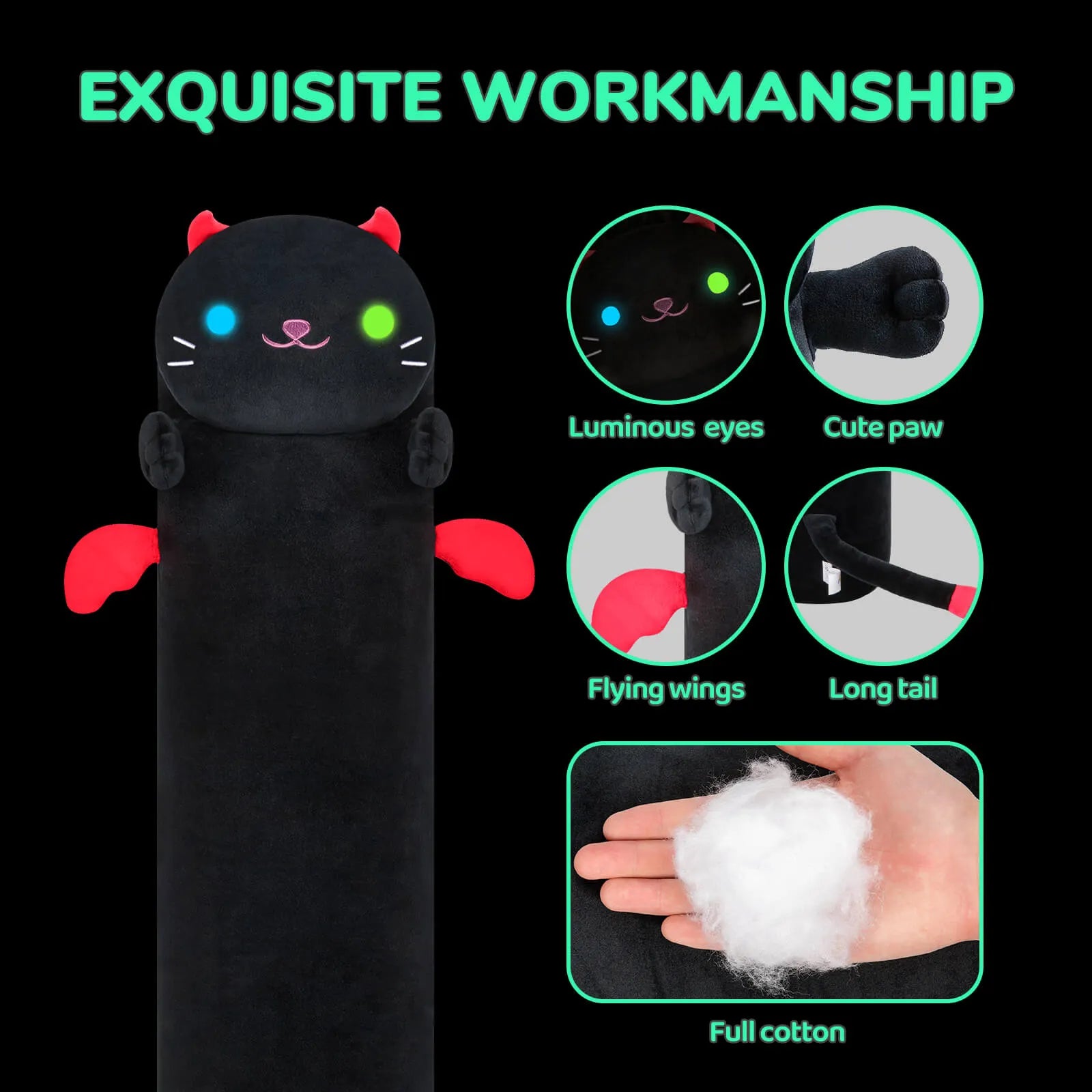 MeWaii® Luminous Devil Kitten Black Stuffed Animal Kawaii Plush Pillow Squishy Toy