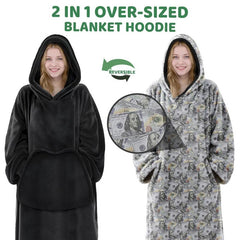 MeWaii® 2 IN 1 Currency Dollars Wearable Blanket Hoodie Oversized Flannel Sweatshirt Blanket Warm & Cozy Hooded Blanket Gifts