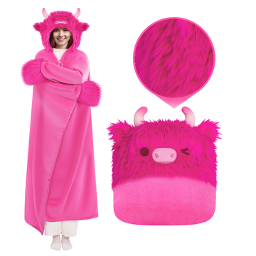 Ultimate Softness Highland Cow Wearable Blanket Hoodie –Expertly Designed for American Body,Full Coverage with Easy Movement, Oversized Cozy Flannel Blanket, Hot Pink Highland Cow Gift for Women