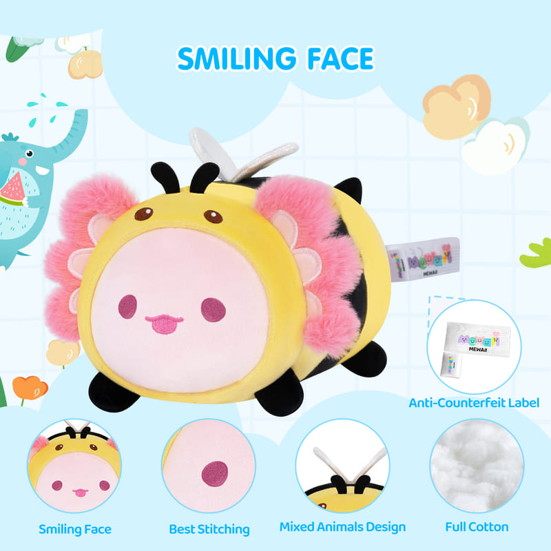 MeWaii® Fluffffy Family Pink Axolotl with Bee Hoodie Stuffed Animal Kawaii Plush Pillow Squishy Toy