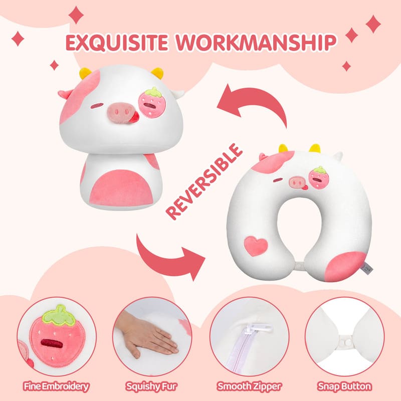 MeWaii® Flip Pillow Strawberry Cow Reversible Throw Pillow Neck Pillow Kawaii Plush Pillow Squish Toy