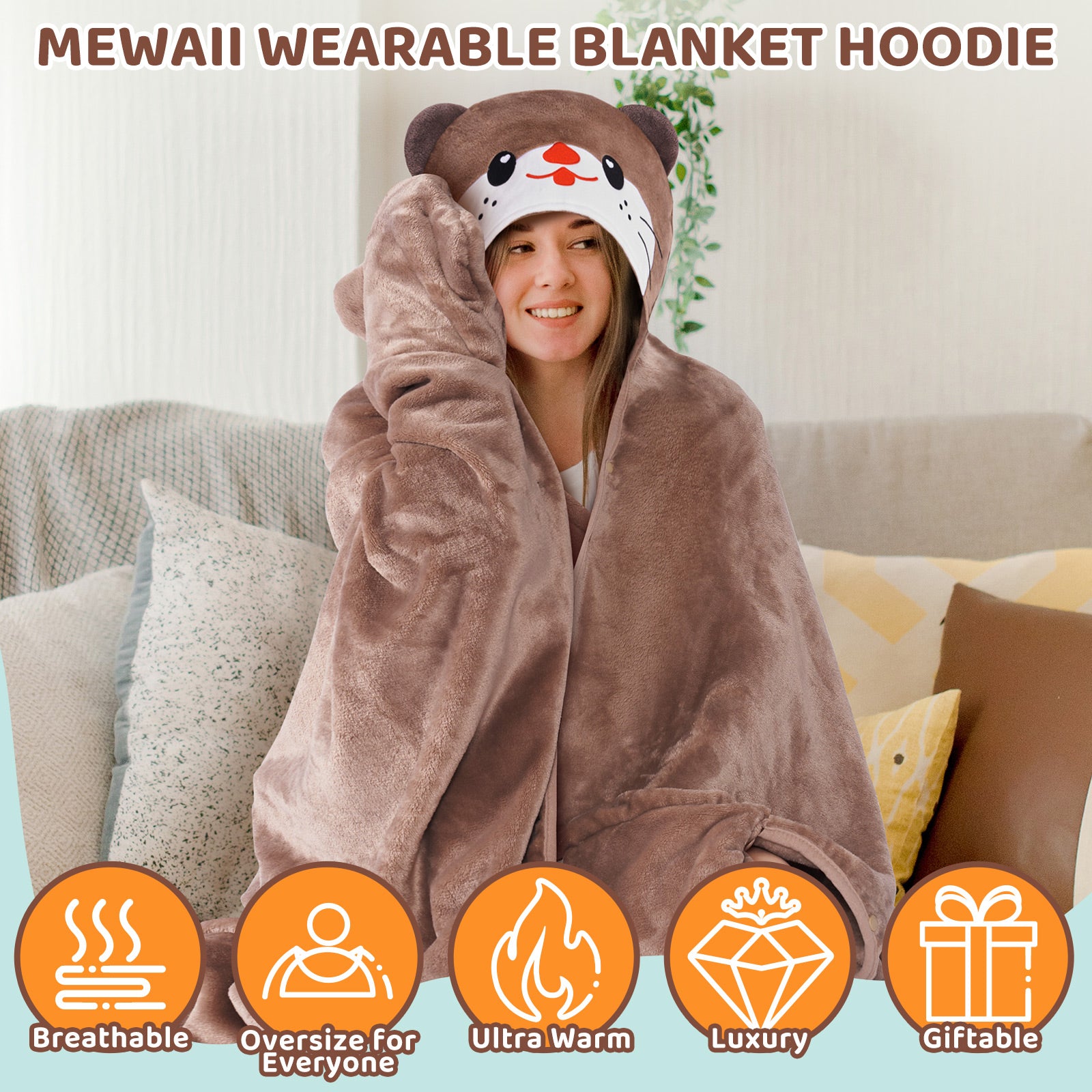 MeWaii® Spade-Nosed Gray Otter Wearable Blanket Hoodie Oversized Plush Sweatshirt Blanket Warm & Cozy Hooded Blanket Gifts