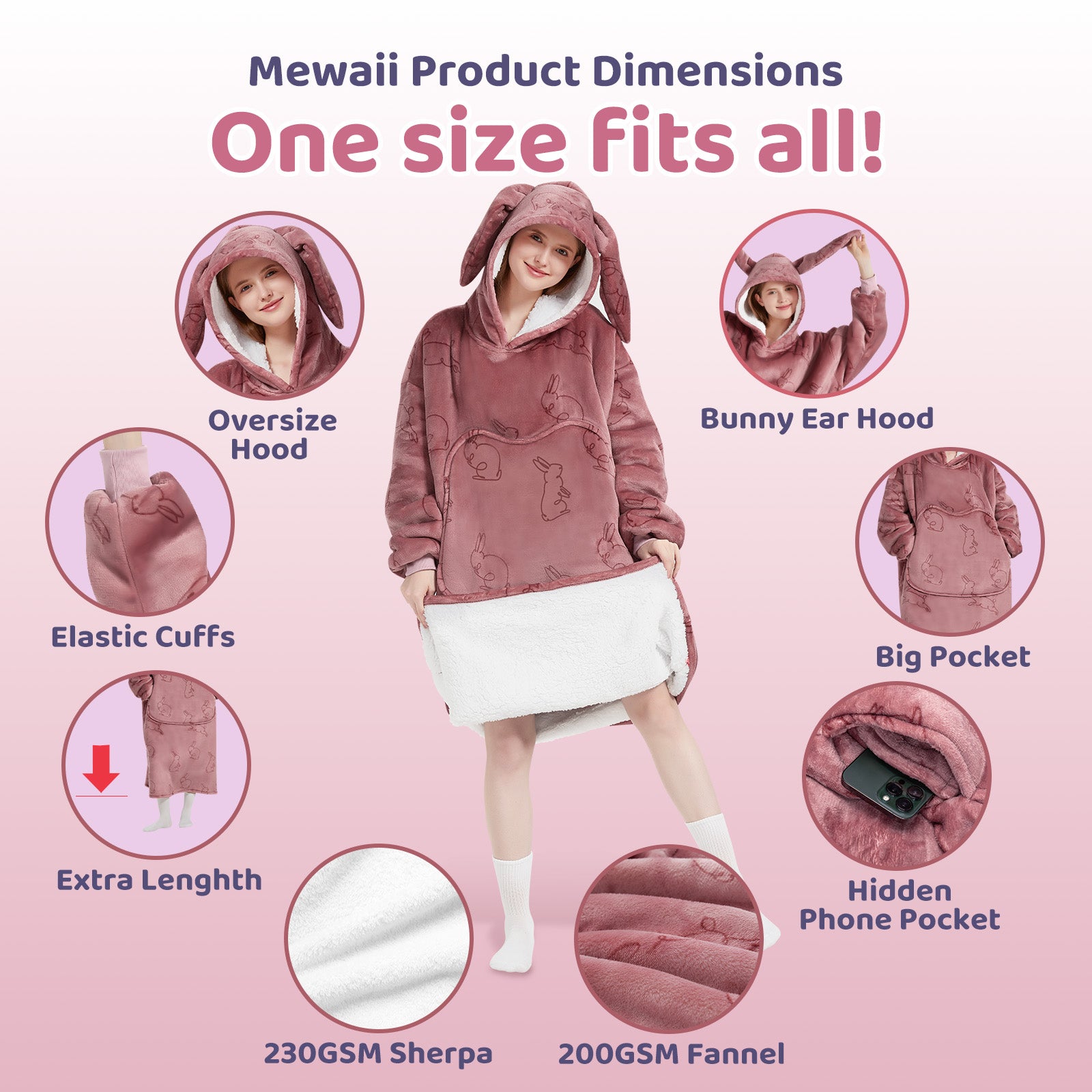 MeWaii® Rabbit Pink Wearable Blanket Hoodie for Adults, Cozy Oversized Sherpa & Flannel Sweatshirt with Giant Pocket, Gifts for Women