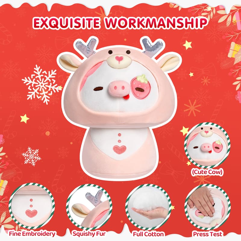 MeWaii® Mushroom Family Berry Cow with Elk Hoodie Christmas Kawaii Plush Pillow Squish Toy