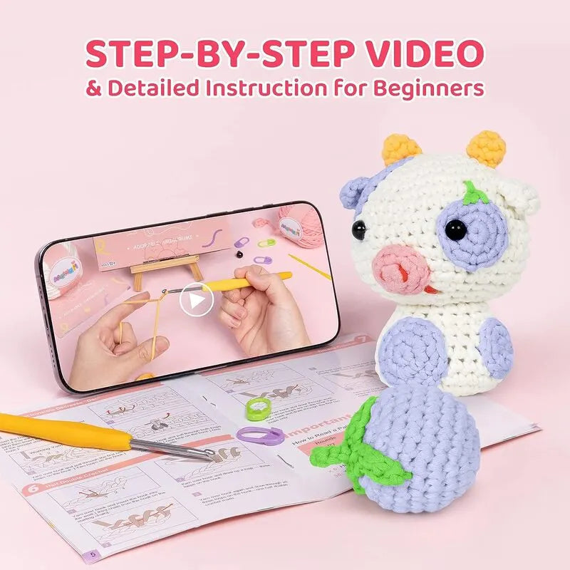 MeWaii® Crochet Blueberry Cow Crochet Kit for Beginners with Easy Peasy Yarn