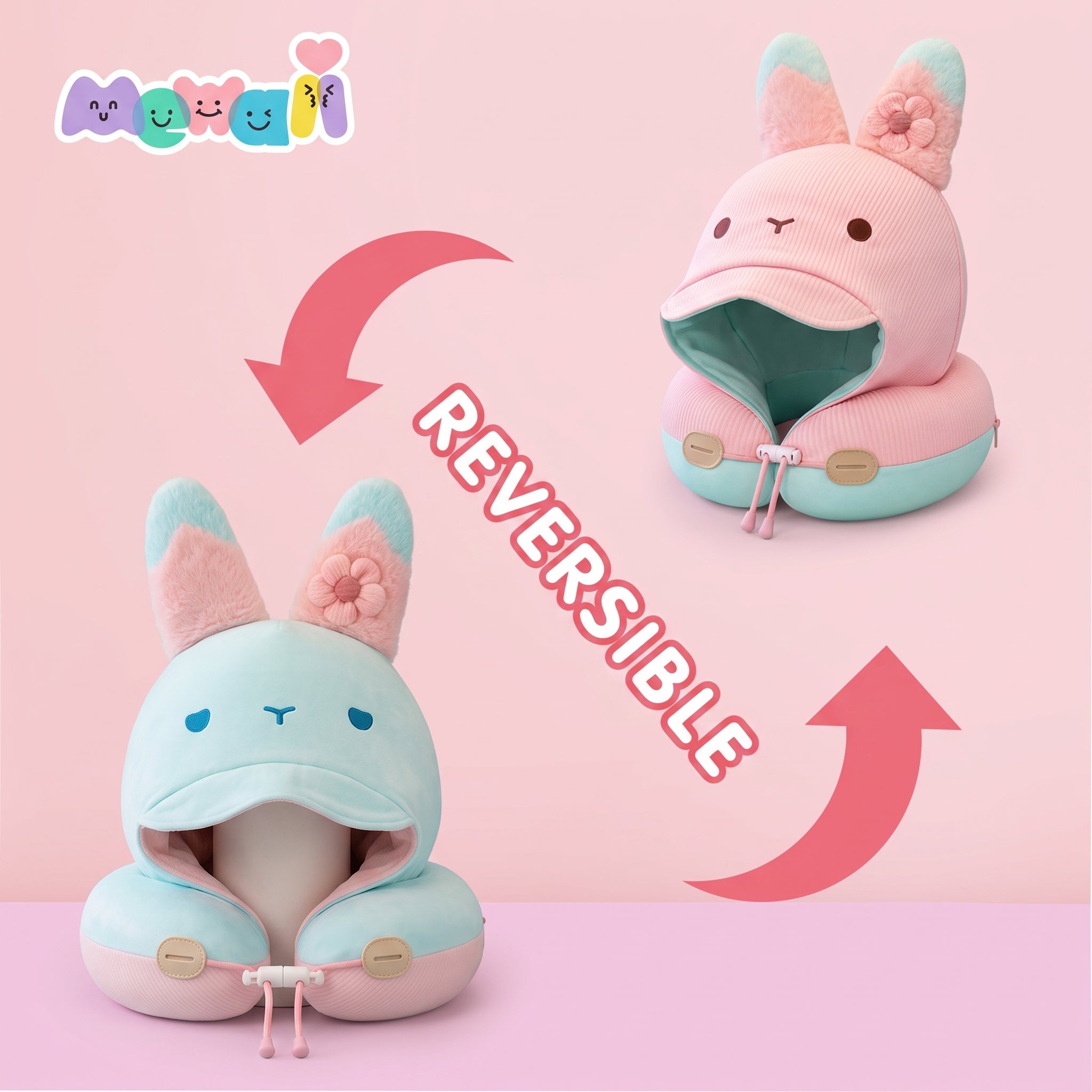 Mewaii® Rabbit Reversible Neck Pillow Double-Sided Kawaii Plush Travel Pillow Cute Bunny Pillow