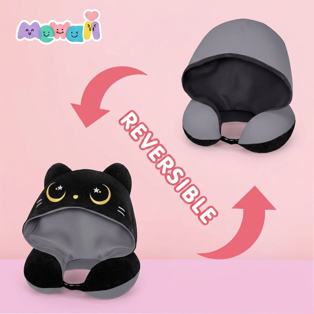 MeWaii® Black Cat Hooded Memory Foam Travel Pillow Cooling Double-Sided Neck Support for Flights & Everyday Comfort