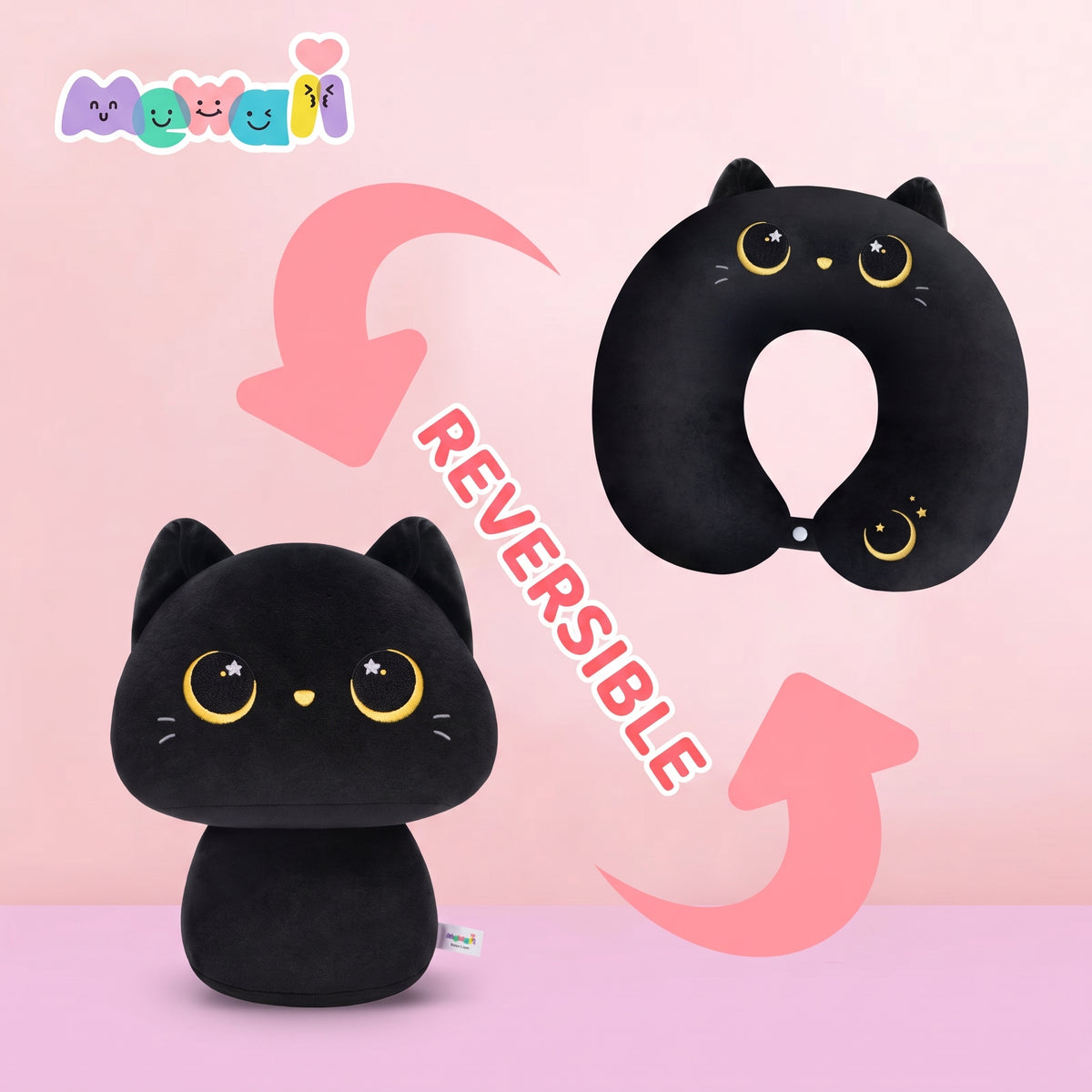 MeWaii® Flip Pillow Black Cat Reversible Throw Pillow Neck Pillow Kawaii Plush Pillow Squish Toy