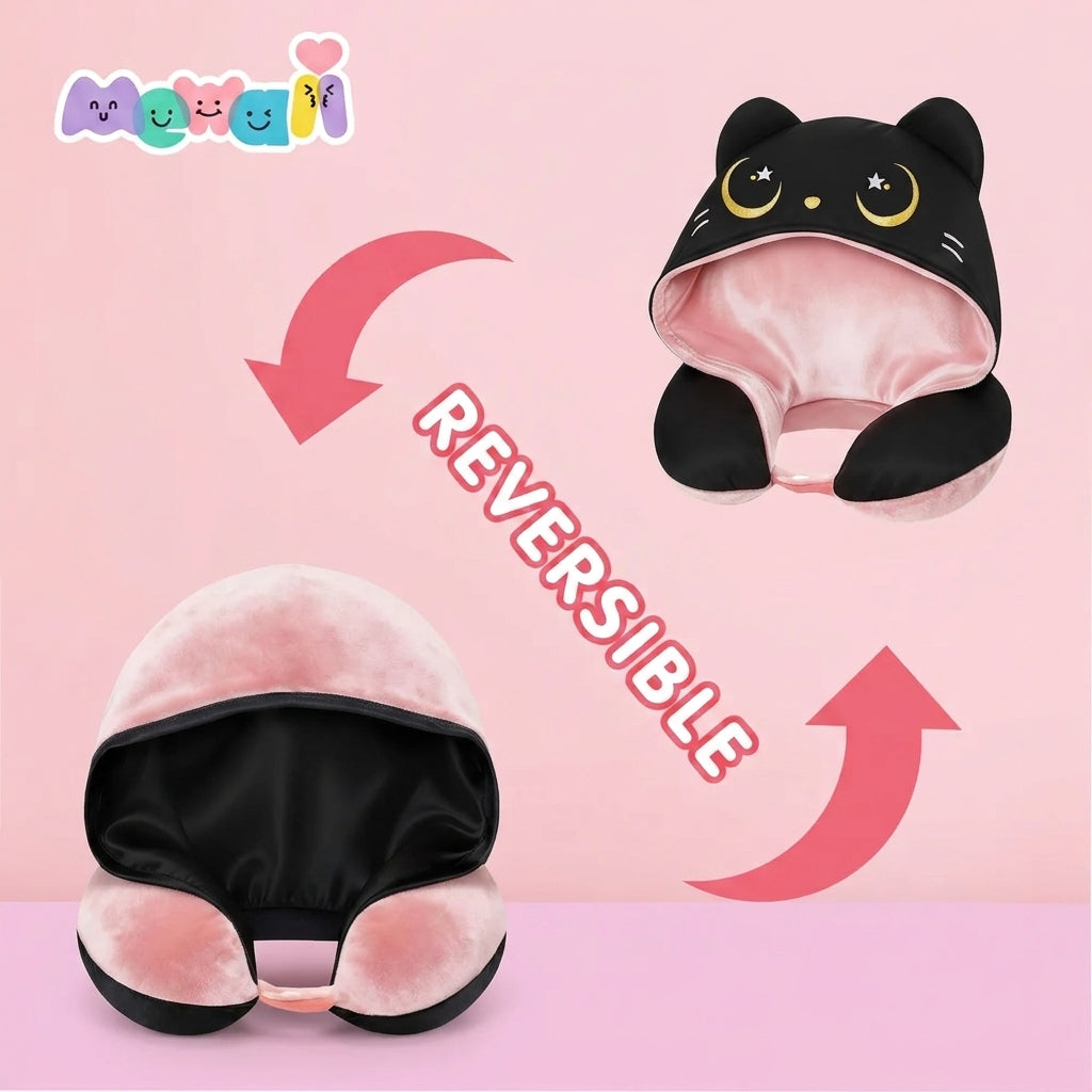 MeWaii® Pink Cat Hooded Memory Foam Travel Pillow Cooling Double-Sided Neck Support for Flights & Everyday Comfort
